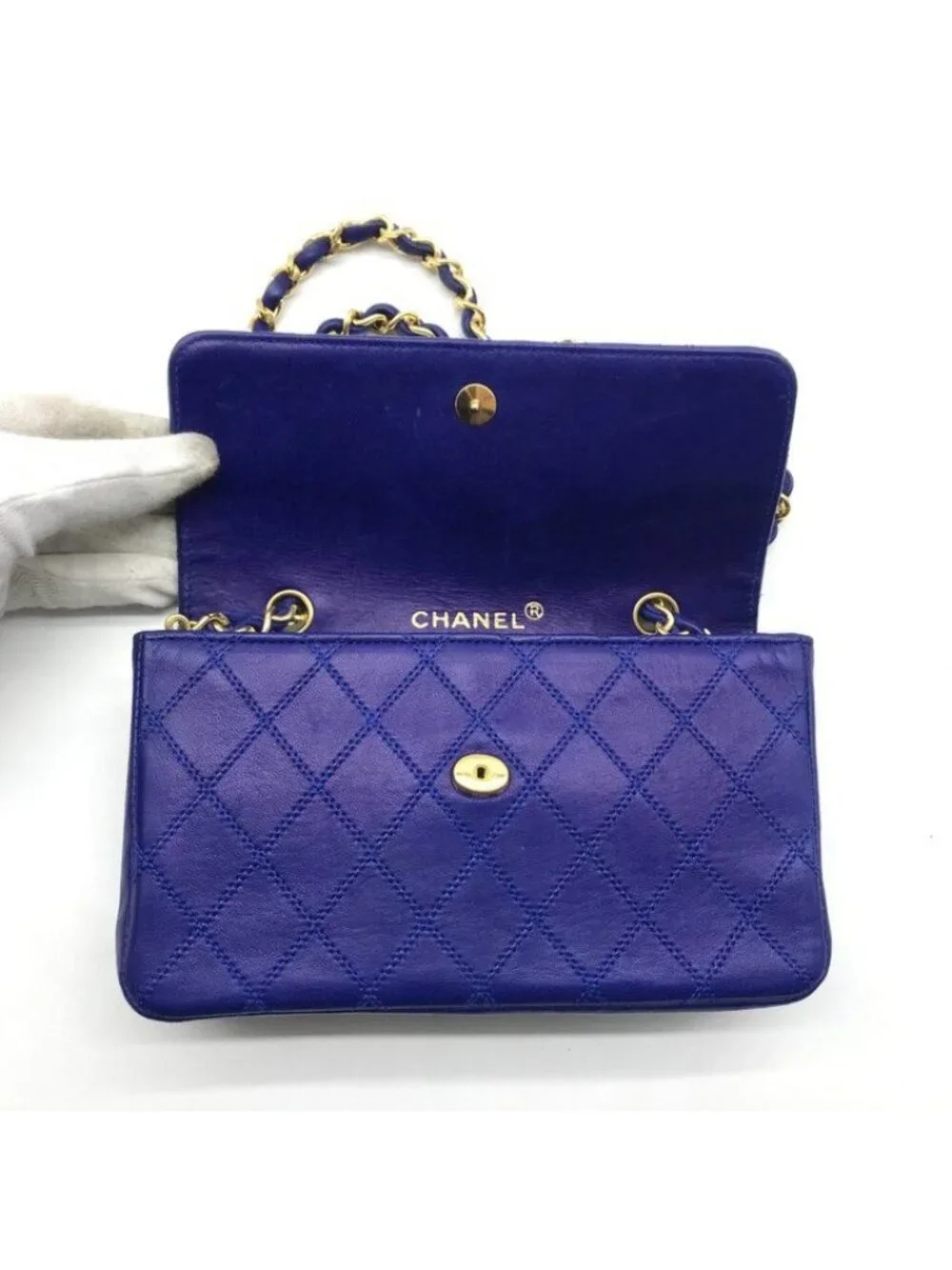 Chanel Bicolor Chain Shoulder Bag Big CC Logo Gold Quilted Blue
